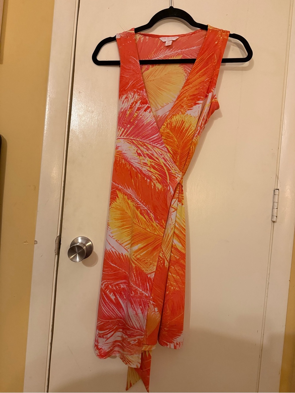 Tori Richard Orange and Yellow Palm-Print wrap Dress